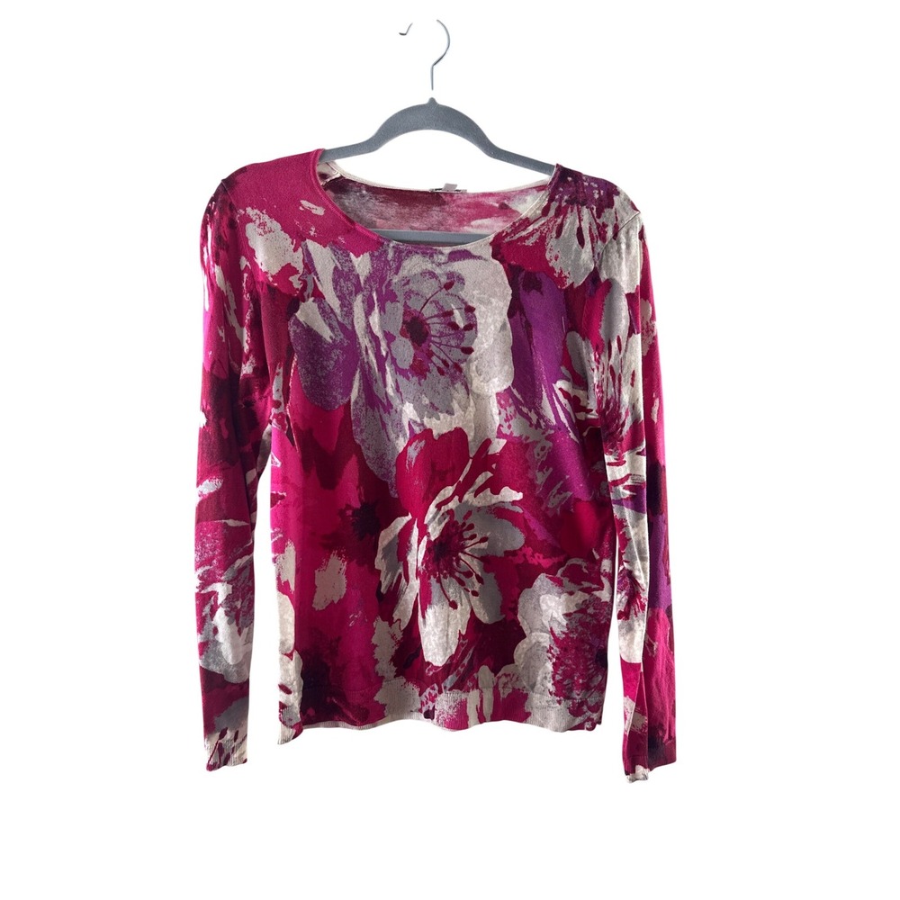 Talbots Womens Pink Floral Crewneck Knit Sweater Cotton Rayon Size M
